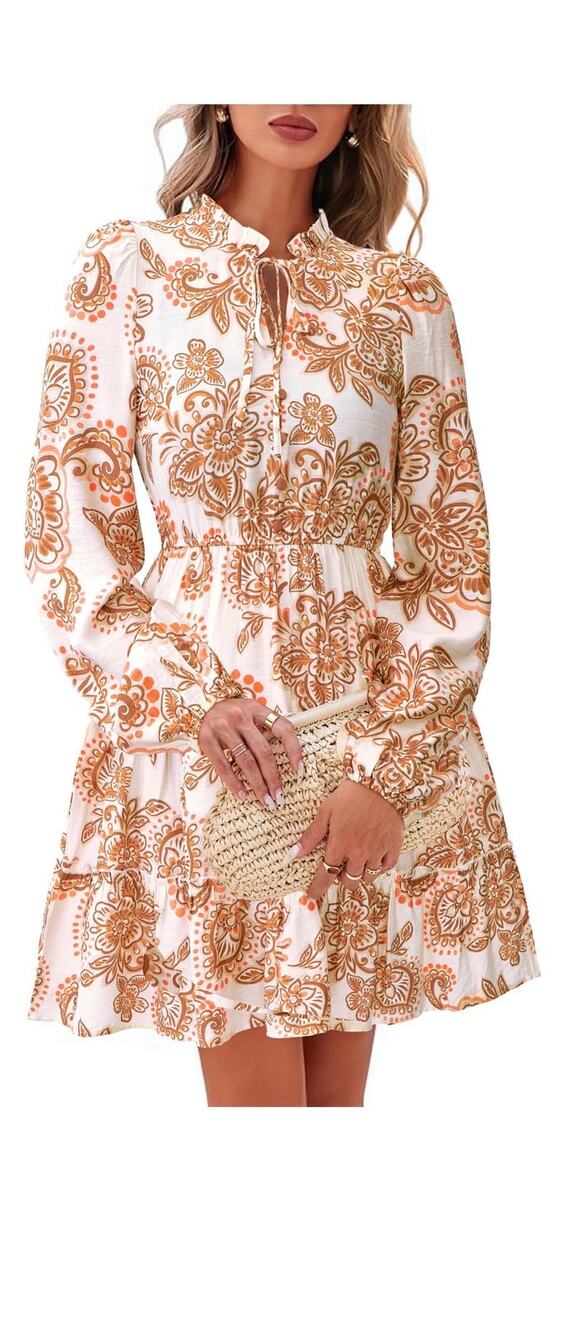 BTFBM Women’s XL Floral Boho Mini Dress White Apricot Long Sleeve Tiered